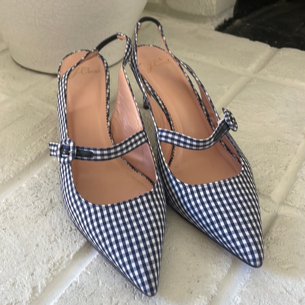 J Crew blue and white plaid heels